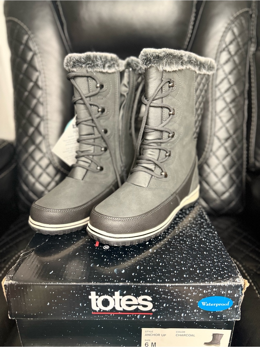 totes Charcoal Faux-Fur Trim Waterproof Winter Boots